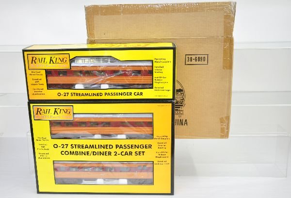 MTH RailKing MR Passenger Cars: Includes 30-6090 4-car streamline set plus the 30-6091 combine/diner set. They are unrun in boxes with shipper, C9+ Boxes in this lot may have light to moderate basement smell