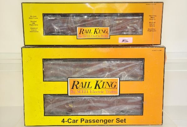 MTH RailKing 60ft LV Passenger Cars: Includes 30-6711 4-car set, plus 30-6712 coach. All are unrun with boxes, C9. Boxes in this lot may have light to moderate basement smell