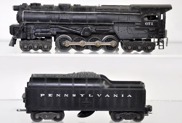 Lionel 671(RR) PRR Turbine: 19523 version with iron wheels; 2046W-50 PRR tender. Both show moderate playwear, C6