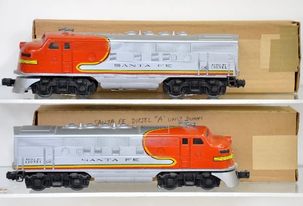 Boxed Lionel 2383 SF F3 AA Diesels: Fairly clean with 97% decals. Battery box is good and they show light playwear with taped, crisp boxes, C7-7+