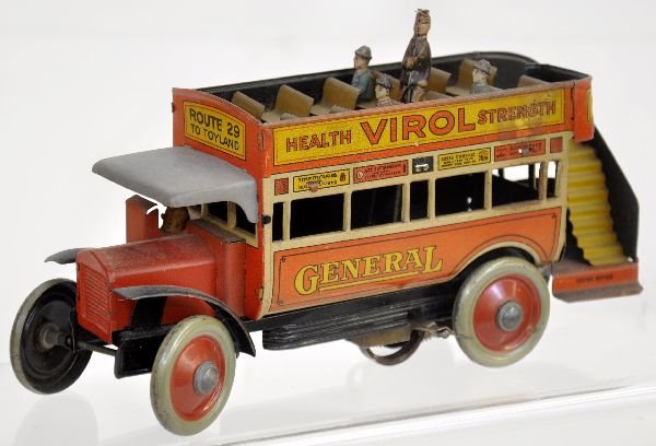 Scarce Distler Animated Omnibus Toy: 8 1/2" long, litho tin with driver and passengers as well as an animated ticket taker. Mechanism functions forward, with ticket man rotating and moving to each passenger, interesting action. It is fai