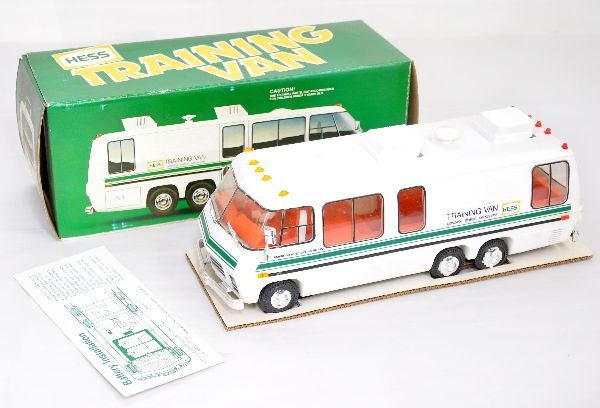 Boxed 1980 Hess Training Van: Fairly clean and appears unplayed with, glue has yellowed with age, but has card & both inserts with box, C8+-9