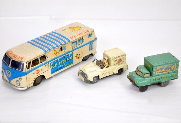3 Tin Ice Cream Trucks: Includes an 8 1/2" VW Van, litho tin friction with cab interior details, very unusual; 4" REA Ice Cream Van & a 4 1/2" Marx Ford F250 Good Humor Truck with great details. All are dirty and need a clea
