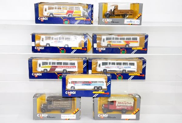 9 Boxed Corgi Vehicles: Includes 5 different coach busses; Euro Express bus & 3 old fashion vans. All are new in worn boxes, 1 bus missing flap one side, C9