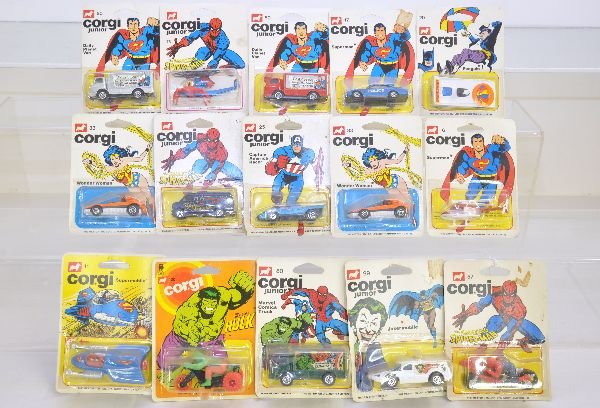 15 Corgi Jr. Super Hero Vehicles: Includes 5 Superman; 3 Spiderman; 2 Wonder Woman racers; Captain America; 2 Batman & 2 Hulk vehicles. All are sealed on cards, C10