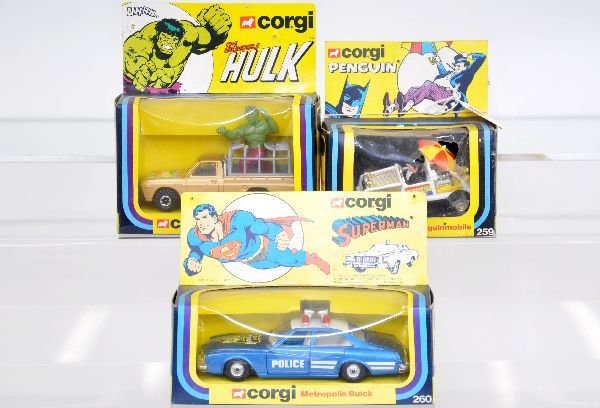 3 Corgi Super Hero Vehicles: Includes 260 Superman Buick Police; 264 Hulk Pick-up; 259 Penguin Mobile. All are new in dusty boxes, C9