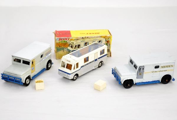 3 Dinky Bank Vehicles: Includes a 260 Mobile Midland bank & 2 different Brink's Armored Cars, beige door version has one broken rear door, both have money crates. All show light to moderate playwear, otherwise C7-7+