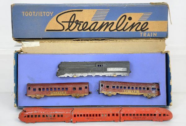 2 Boxed Tootsietoy Train Sets: Includes the Broadway Limited 3pc set with box & insert, C7+; Streamline Train with a red UP M10000, coach & observation. They show moderate playwear with box only, C5-6