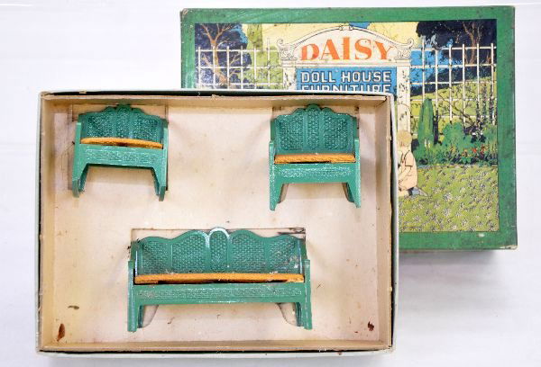 Tootsietoy 2001 Daisy Living Room Furniture: Nice set of doll house furniture that TootsieToy made in the 1920s. This is the 3pc set in green with box & insert. It still retains the 3 original seat pads as well, C8