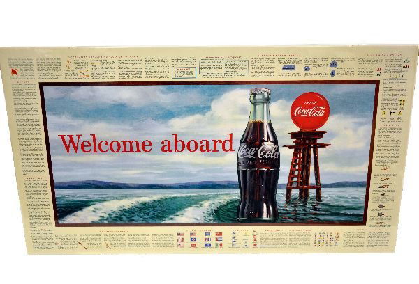 1958 Coca-Cola Boat Safety Poster: 36X20" paper litho on cardboard poster with Coke ad in center, surrounded by boat safety hints. Clean & shrink wrapped for protection. Ready to frame, dated 1958. Examine photos or call for more infor