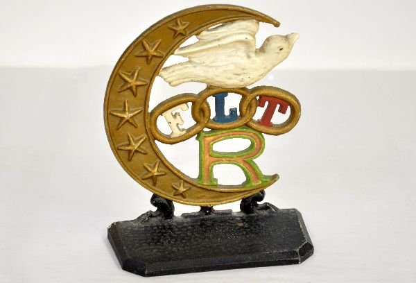Cast Iron Odd Fellows Rebekah Lodge Doorstop: Cast Iron, by National Foundry, circa 1920s. Nicely painted and shows light signs of use, C8