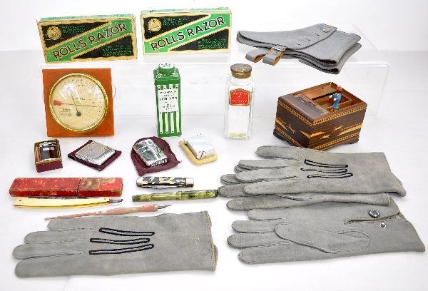 Vintage Mans Articles Lot: Includes bakelite barometer; 1930s leather gloves & spats, like new; 2 fountain pens; 4 Ronson lighters, some monogrammed with pouches & 1 box; 2 boxed Rolls Razor sets, complete; operating wood cigar