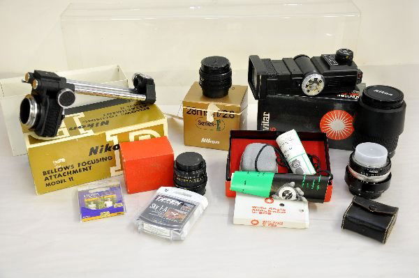 Nikon 35mm Camera Equipment, Plus: Nikon ED70-300mm lens, f/4-5.6D; Bellows Focusing Attachment, model II with box; 28mm/F2.8 lens with box; 50mm/1.4 lens; Spiritone 28mm/2.6 lens with box; Vivitar 285 flash unit with box; Vivitar 50mm