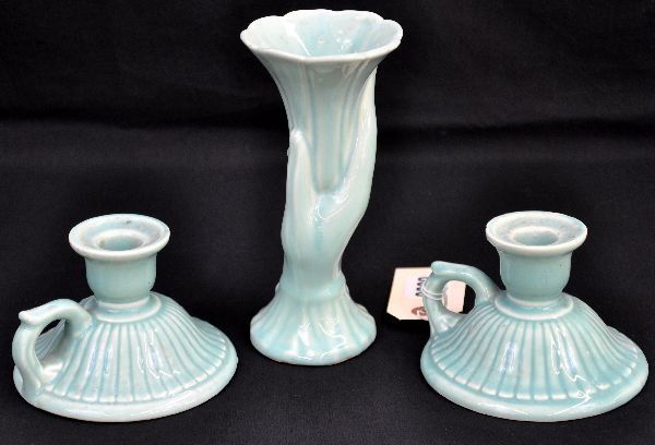 Pottery Vase & Candle Holders: Pretty mint green glaze wash. Includes a 7" vase shapes like a hand holding a trumpet, 3 flakes inside from glaze bubbles popping; 2 -3 1/2" handles candle holders with fluted bases. All are marked US