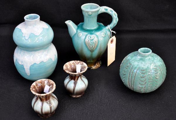 5 Pc Art Pottery Group: Nice assortment including a 4 1/2" round bud vase with textured pattern motif, marked Poronto; 7" 2-bellie vase in blue & white wash glaze marked, Suzan; matched pair of toothpick holders & a 7" milk 