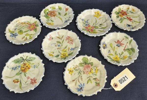 8 Nove Pottery Plates: Handmade in Italy. Colorful with some small flakes. Nice forms, all signed & stamped on backs. Very early examples and great for your collection. Examine photos or call for more information, 203-730-1