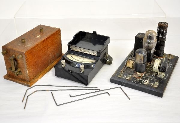 Railroad Test Equipment: All these items came from the old dispatch station in Westchester RR Yard. 9X7" GM Laboratories #1224 Phototube relay in Bakelite base; GE AP-9 Amp meter with Bakelite case & leather strap handle; 9X5