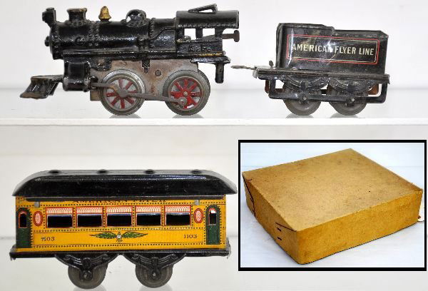 Boxed American Flyer Train Set: Circa 1919. Includes a 12 steam loco with vented cab; mechanism functions with stop/start lever; 120 tender; unusual 1103 4-wheel coach. Shows light to moderate playwear with track & a generic set box
