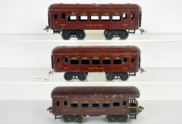3 Ives Passenger Cars: ST GA. Includes 2 #185 Pullmans; 186 observation. All are clean & show moderate playwear, C6-
