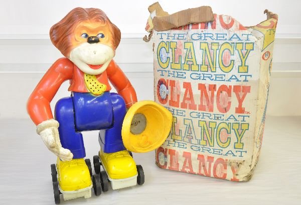 Ideal Clancy The Great Battery Toy: 20" tall, plastic monkey. Flip the coin into his hat and he walks with you, no coin. It is untested and needs a good cleaning, but only shows moderate playwear, with rough original box, C6
