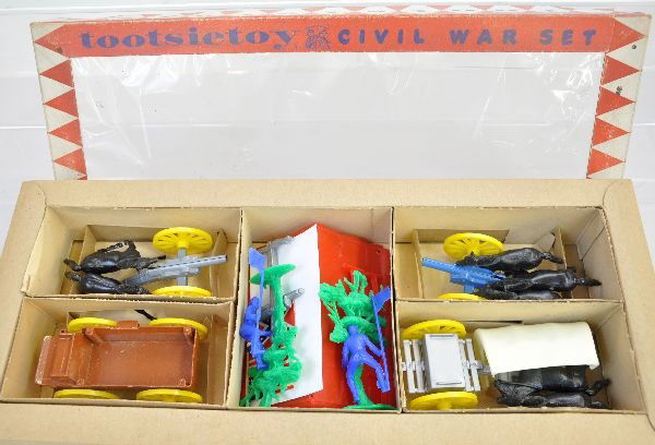 Rare Boxed Tootsietoy 4340 Civil War Set: 1st we have seen! Similar to Marx Playsets of this age. Includes 2 cast cannons; Cast Buckboard & plastic accessories, animals, figures & trees. All appear new in box with inserts & cellophane window