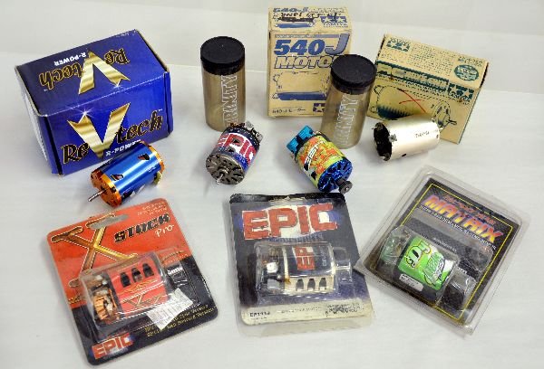 Assorted RC Car Electric Motors: Revteck R-Power 21.5T Brushless motor, new. 2 Tamiya motors, 540J and RC boy's 4wd 540. 2 EPIC motors, X stock pro and a Stock motor. Matrix V10R 19S Spec racing. 2 Trinity motors. All in original pac