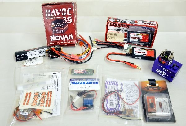 RC Car Electronic Components: Novak Havoc brushless/brush ESC 3S new. Team Associated XPS Micro ESC new. Equinox LiPo cell balancer new. Thunder power RC Z3R-s stock 540 Hi-Torque rotor new. YR digital voltage reader new. Common S