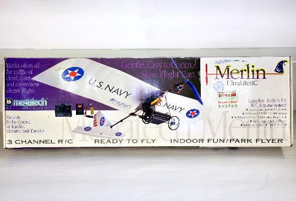 Merlin Ultralite RC U.S. Navy Radio Flyer: New in box. 49 1/2" WS. All components appear to be intact. Box shows moderate shelving and handling wear. Examine photos or call for more information, 203 730-1404