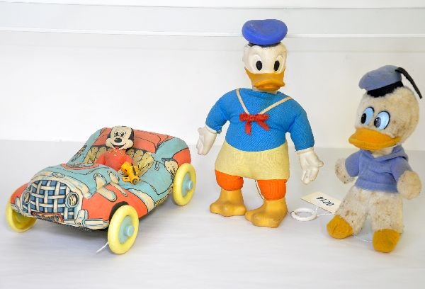 3 Cloth Disney Pieces: Unusual Mickey Mouse Club car with Mickey Mouse driving (missing ears) & plastic Pluto horn & wheels; Knickerbocker Donald Duck doll, 11" Horsman talking Donald, cloth & vinyl, mechanism is functional