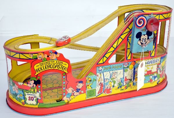 Chein Disneyland Roller Coaster: Nice Mickey Mouse variation. Litho tin, 19X9X10". Mechanism functions with 2 original cars. It is bright and shiny, but needs a good cleaning. It shows light to moderate playwear and should clean to C