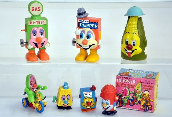6 Marxie Comic Toys: Cute & very collectible series. Includes three 7" variations; Boxed Watermelon Cyclist and 3 others. All have better than average paint and will clean nicely, C7+