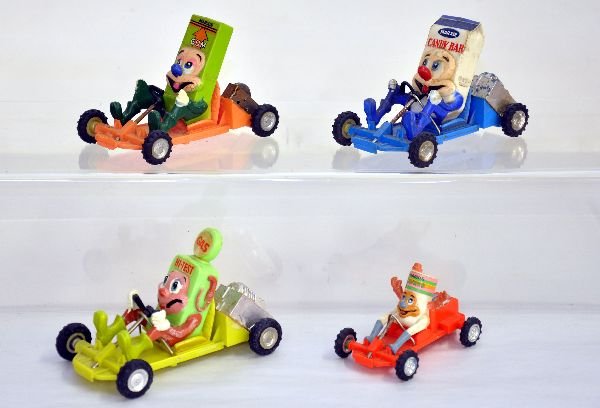 4 Marxie Comic Go Carts: Includes three 6" variations, Gum missing engine cover & a 4" Savers. Otherwise all show light wear and should clean to C7-7+