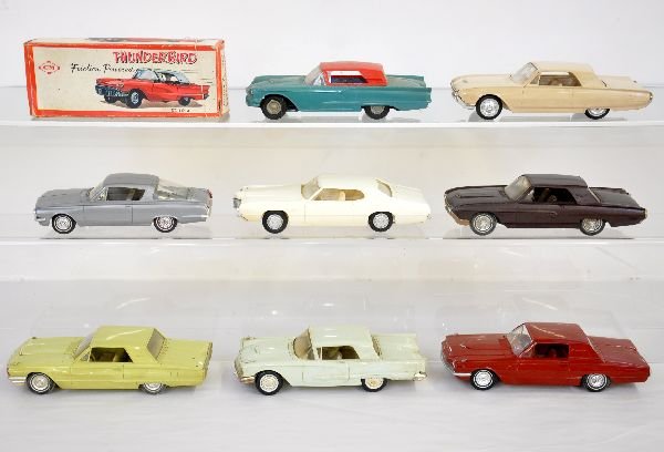 8 Early Promo Cars: Includes boxed 1960 T-Bird, by CM; AMT Ford Thunderbirds include 1960 light mint green, missing 1 mirror, C6; 1961 beige; 1963 maroon; 1964 light green; 1966 red; 1972 white; 1966 Plymouth Barracuda, 