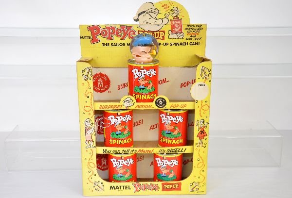 Unusual Mattel Pop-up Popeye Store Display: Dated 1957. Scarce original display box with 5 of 12 original cans. All are like new & functional with noise. Display box is fairly clean with inserts, C8+
