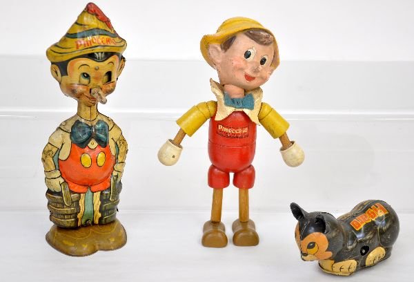3 Early Disney Pinocchio Toys: Includes a scarce Marx Figaro; Marx Pinocchio, C5+; Wood Jointed Pinocchio, attributed to Shackman. Mechanisms function and otherwise show light playwear, C7+