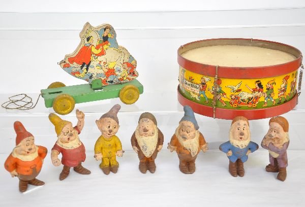 Disney Snow White & Seven Dwarfs Lot: Includes a Chein 11" drum; 9" Noma Snow White & Prince Charming Pull Toy & the Seven Dwarves in hand painted hard rubber by Seiberling. All show light to moderate playwear, should clean to C6+-7ish