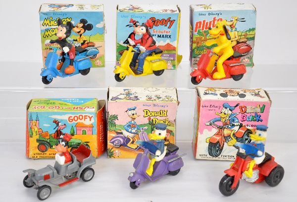6 Boxed Marx Disney Vehicles: Includes all 4 scooter variations; plus Goofy in old fashion car & Donald on Motor Trike. All show light wear with boxes, C8