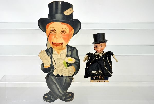 2 Early Charlie McCarthy Toys: Includes a 21" mechanical Diecut & boxed Hand puppet by Charlie McCarthy Inc, 1938. Both show light wear, C8
