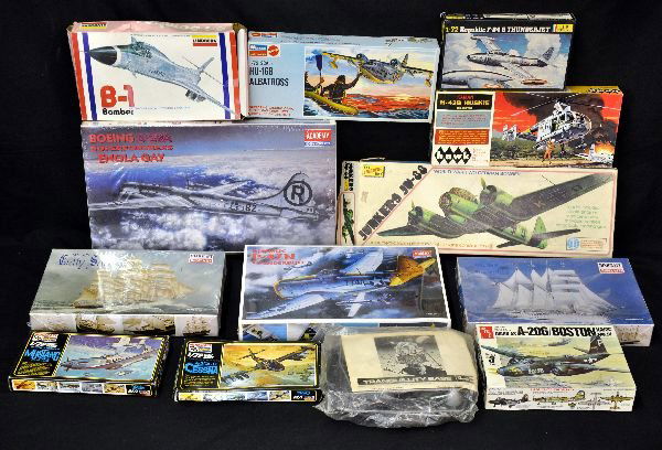 Model Plane and Boat Kits: Includes Lindberg B-1 Bomber & Junkers JU-88. Academy P-47N Thunderbolt & Boeing B-29A. AMT Douglas A-20G/Boston. Minicraft A-37A/B Cessna & Mustang P-51D. Heller F-84 G Thunderbolt. Mattel HU-16B Alb