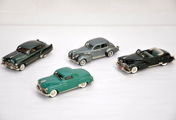 4 Brooklin Vehicles: 1:43 scale. Includes #70 1950 Dodge Wayfarer; #74 1947 Cadillac 62 convertible; #86 1938 Cadillac 60 special; #40a 1951 Cadillac 61 Coupe. All appear like new, but may be missing minor trim parts, C9