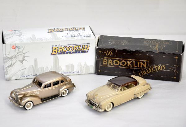 2 Boxed Brooklin Oldsmobiles: 1:43 scale. Includes #156 1937 L-37 Touring Sedan; #73 1949 98 Holiday Coupe. Both appear like new, but may be missing minor trim parts, C9