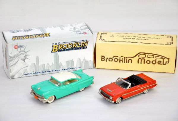 2 Boxed Brooklin Fords: 1:43 scale. Includes #23 1956 Fairlane Victoria; #112 1963 Falcon Futura Convertible. Both appear like new, but may be missing minor trim parts, C9