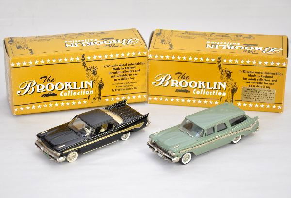 2 Boxed Brooklin DeSotos: 1:43 scale. Includes #87 1949 Station Wagon; #82 1959 Adventurer Hardtop. Both appear like new, but may be missing minor trim parts, C9