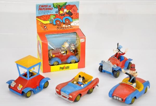 5 Polistil Disney Vehicles, One Boxed: Includes Boxed Donald Duck's Car; Goofy's Car; Big Bad Wolf's Car; Mickey Mouse Car; Donald Duck's coupe. All show light playwear and should clean to C7+-8