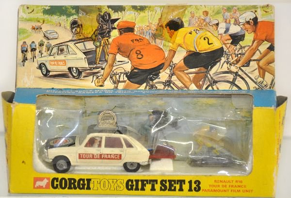 Boxed Corgi GS13 Tour de France: Includes Renault with camera man & tripod with racing bike. All appear new in worn box with insert, vehicles are C8+