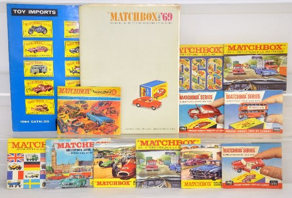 36 Vintage Matchbox Catalogs: Includes 1961, 1962, 1963, 1964, 1964 Bronner dealer catalog, 1965, 1966, 1967, 1968, 2 #1969; 1969 Bronner marketing packet, 1970 & the rest through 1978. All appear clean