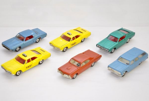 6 Sabra Cragstan 1/43 Vehicles: Israel. Includes 8107 Pontiac GTO; 8118 Ford Thunderbird; 8100 Chevelle Wagon; 8121 Ford Torino & 2 #8116 Chevy Taxis, 1 has small glue mark on hood. Otherwise show light playwear, C7+