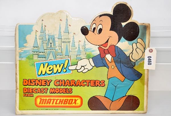 Scarce Matchbox Disney Display Piece: 17X20". This was the topper for the Disney store display box, dated 1979 (34 years ago!) 4-color paper on cardboard with some wear & staining, but make a nice display