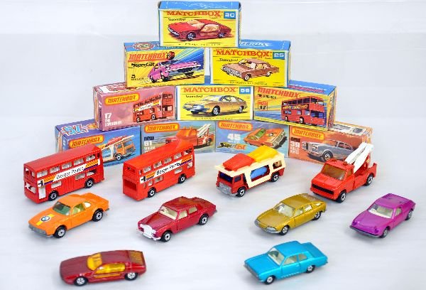 10 Boxed Matchbox Superfast Vehicles: Assorted from 1971 through 1978 vintage, all mint in boxes, including 61 tow truck; 56 BMC; 5 Lotus; 20 Lamborghini; 45 BMW; 17 Bus; 36 Rolls-Royce; 25 Ford Cortina; 17 Bus & 11 Auto-Loader. C9+
