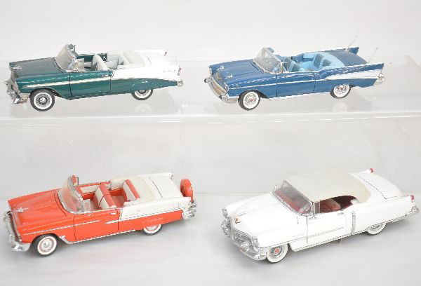 4 1/24 Scale Automobiles: Franklin Mint 1955 & 6 Chevy Belair convertibles; 1953 Cadillac Eldorado; Danbury Mint 1957 Chevrolet Belair convertible with cracked windshield. Otherwise all dusty from display, but show very light